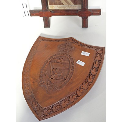 Antique Photographic Portrait in Cedar Frame and a Carved Wooden Royal Motor Yacht Club Crest