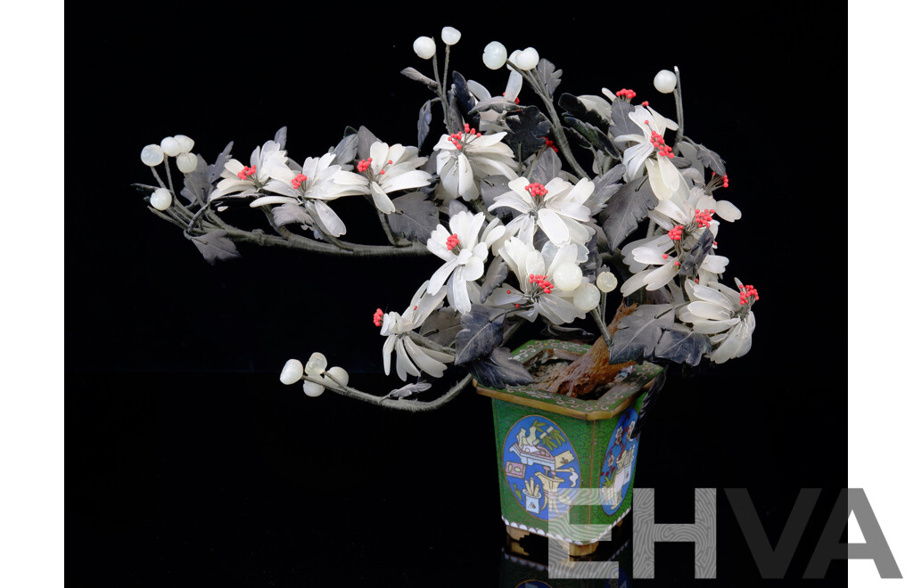 Chinese Blossom Tree with Stone Leaves in Cloisonne Planter