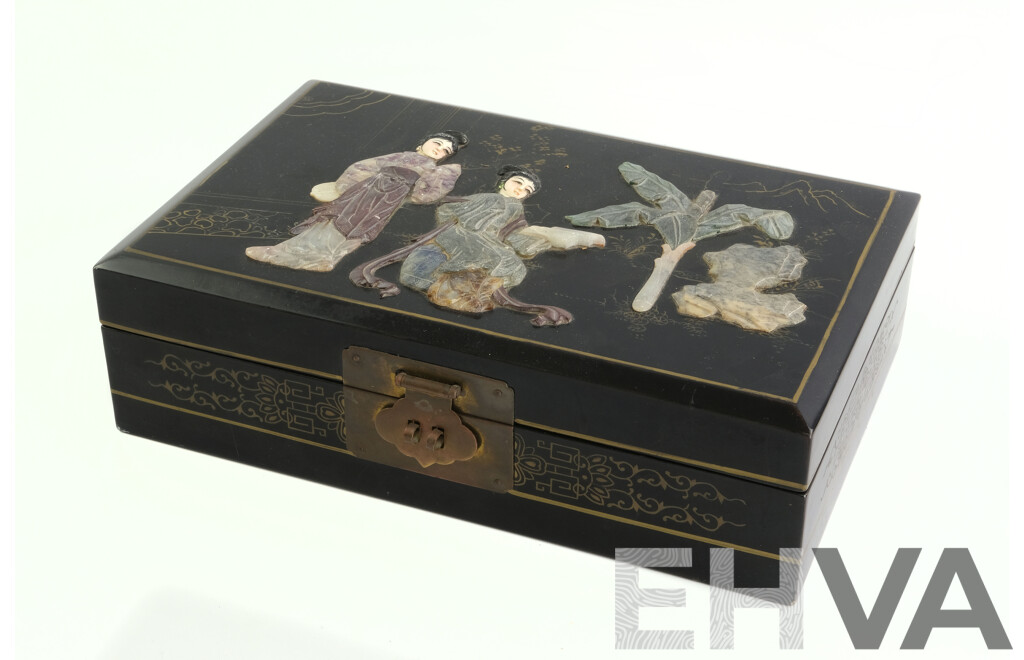 Vintage Chinese Lacquer Jewellery Box with Internal Mirror, Satin Lined Tray and Inlaid Stone Detail to Top