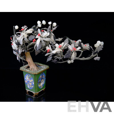 Chinese Blossom Tree with Stone Leaves in Cloisonne Planter