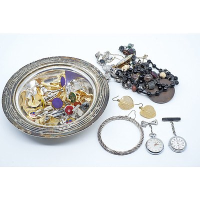 Miscellaneous Lot Vintage Jewellery including Cufflinks, Nurses Watches & Silver Bangle