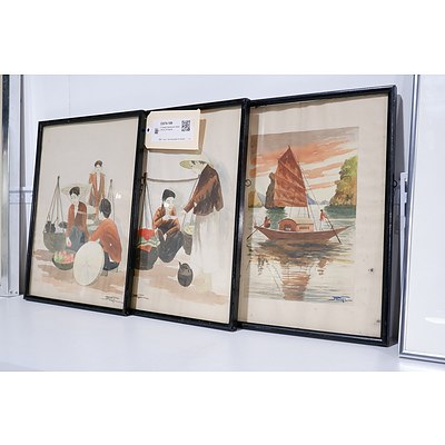 3 Vintage Vietnamese Watercolours, All Signed