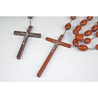 Two Sets of Large Polished Wood Rosary Beads