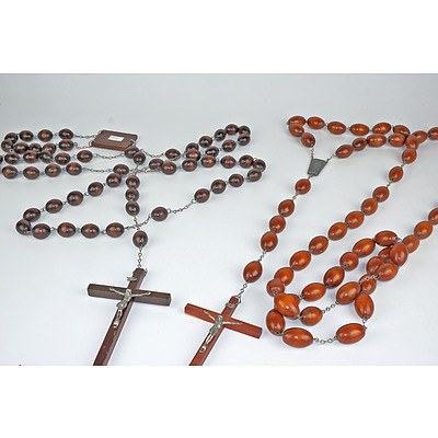 Two Sets of Large Polished Wood Rosary Beads