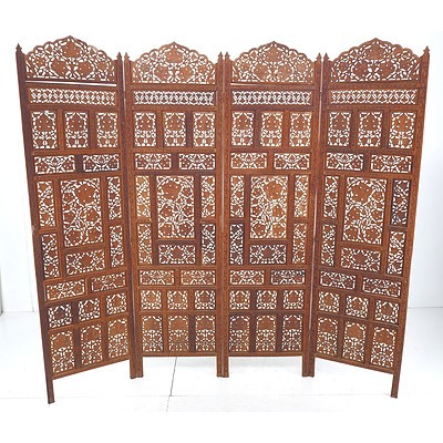 Antique Indian Sandalwood Four Panel Screen with Intricately Carved and Pierced Decoration