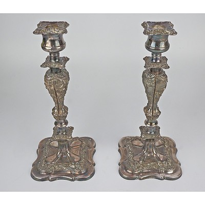 Pair of Antique Silver Plate Candlesticks with Engraved Foliate Motifs in the Art Nouveau Style