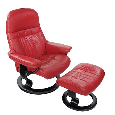Norwegian Ekornes Stressless Sunrise Red Leather Reclining Armchair with Matching Ottoman