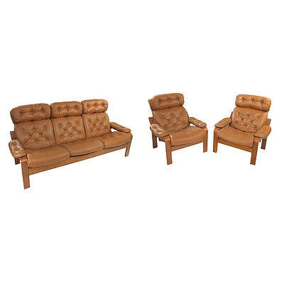 Danish Deluxe Tan Buttoned Leather Three Seater Lounge with Matching Armchairs