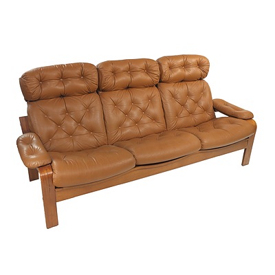 Danish Deluxe Tan Buttoned Leather Three Seater Lounge with Matching Armchairs