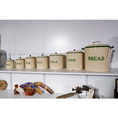 Vintage Enamel Graduated Set of Seven Lidded Kitchen Canisters including Large Bread Tin