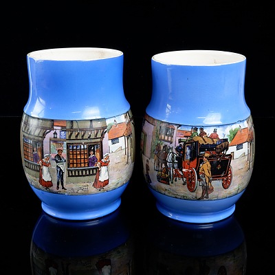 Pair of Antique Hanley & Sons England Porcelain Vases Depicting Village Scenes