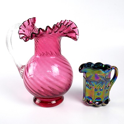 Vintage Rose Studio Glass Curled Rim Jug and a Small Iridescent Carnival Glass Jug (2)