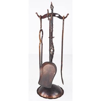 Vintage Hand Wrought Copper Three Piece Fire Tool Set on Stand