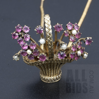 Antique Gold Plated Amethyst and Seed Pearl Floral Basket Pendant