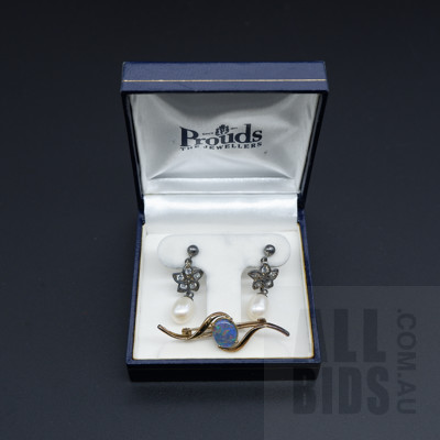 Silver Gold Plated Opal Triplet Brooch and Pair of Sterling Silver CZ and Freshwater Pearl Earrings