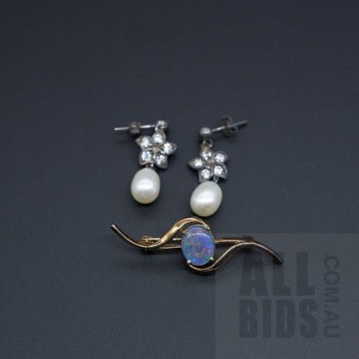 Silver Gold Plated Opal Triplet Brooch and Pair of Sterling Silver CZ and Freshwater Pearl Earrings