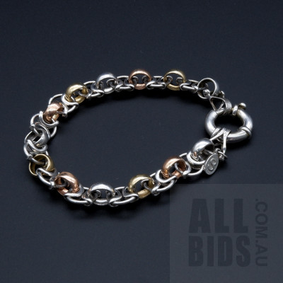 Sterling Silver and 9ct Yellow and Rose Gold Belcher Bracelet, 16.5g