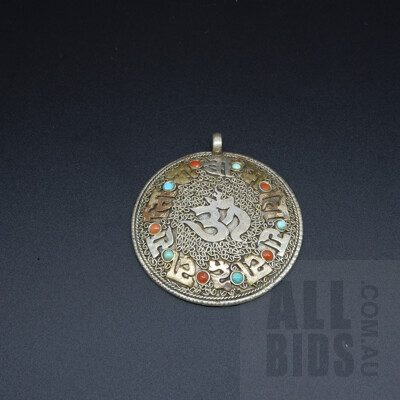 Vintage Indian Nickle Silver Pendant with Turquoise and Coral Cabochons and Hindu Symbol Om