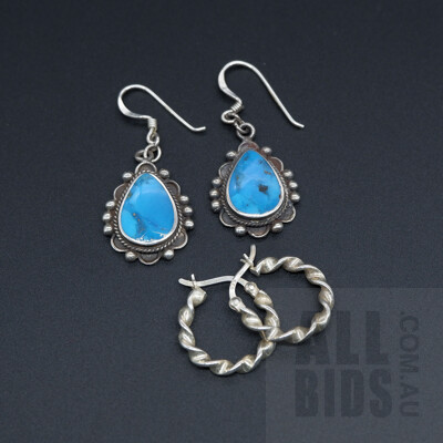 Two Pairs of Sterling Silver Earrings, One with Imitation Turquoise