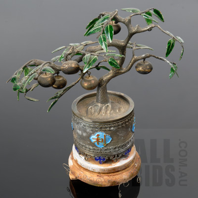 Chinese Silver and Enamel Ornamental Tree with Pendant Fruit, Wire Inlaid Base (Faults)
