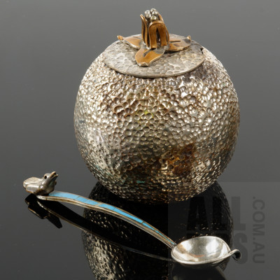 Los Castillo Taxco Hammered Silverplated Sugar Bowl, Original Spoon with Inlaid Turquoise and Bird Finial