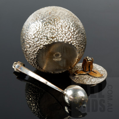 Los Castillo Taxco Hammered Silverplated Sugar Bowl, Original Spoon with Inlaid Turquoise and Bird Finial