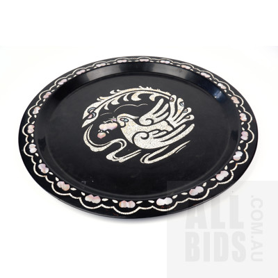 Large Vintage Asian Black Lacquer Tray Inlaid with Mother of Pearl and Eggshell Decoration of a Phoenix