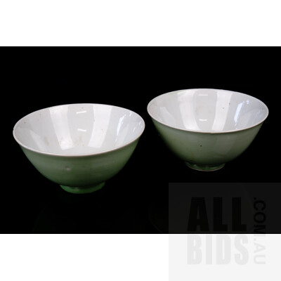 Pair of Antique Chinese Celadon Glaze Porcelain Bowls