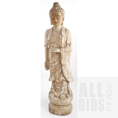 Large Vintage Chinese Ming-Style Carved and Lacquered Wood Figure of a Standing Buddha Shakyamuni