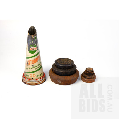 Castrol Castrolite Oil Bottle Tin Top and Set of Balance Scale Weights