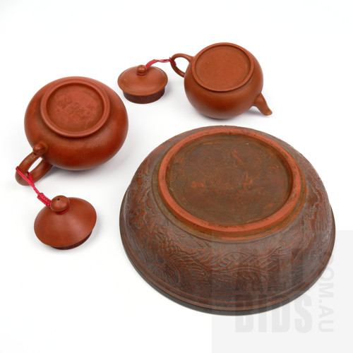 Two Chinese Yixing Pottery Teapots and a Dish Moulded with Dragons