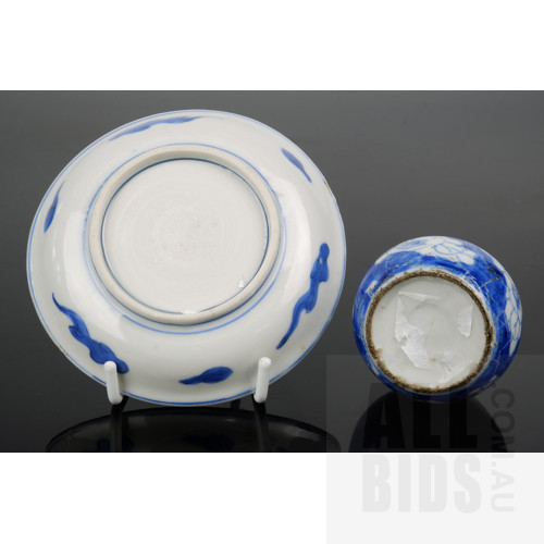 Antique Chinese Blue and White Dish Decorated with a Sage and Mountain Landscape Plus a Stem Vase Painted with Prunus