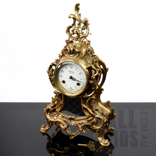 Vintage Decorative Gilt Metal K.Mozer, London Mantle Clock, with Franz Hermie German Movement