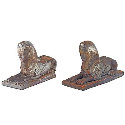 Pair or Early Terracotta Sphinx Garden Statuary, Faults