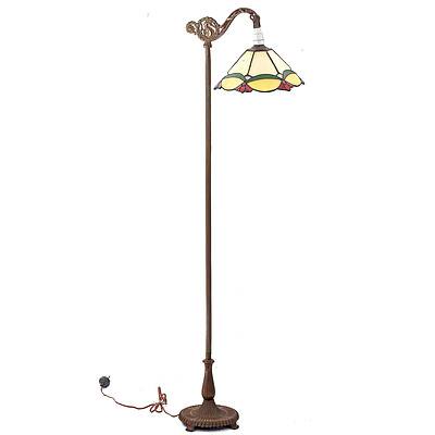 Antique Bronzed Cast Metal Floor Lamp with Later Leadlight Shade