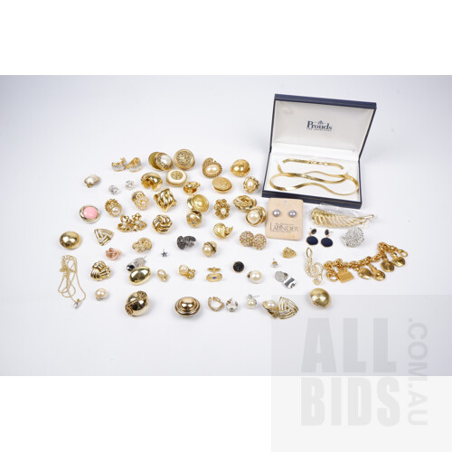Collection of Mainly Gold Plated Costume Jewellery, Including Stylish Fancy Chain, Clip On Earrings, Brooch