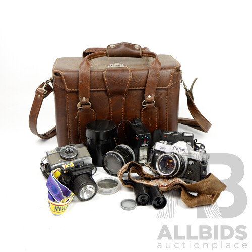 Vintage Cannon FT QL 570772 with Strap, Olumpus-Pen 890424, Olympus Zuiko and more In Faux Leather Bound Carry Case