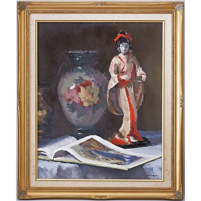 Brother Don Gallagher (1925-2017) Still Life with Japanese Doll, Oil on Canvas Board