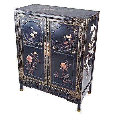 Chinese Black Lacquer and Carved Hardstone Embellished Cabinet Circa 1960