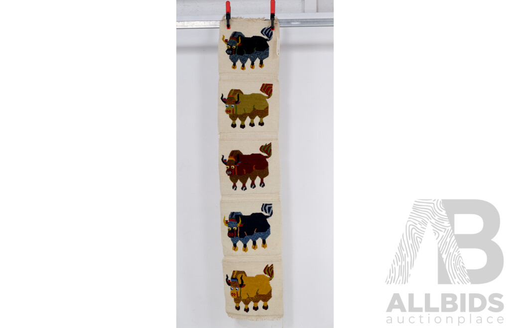 South American Handwoven Wool Wall Hanging With Various Depictions of Bulls