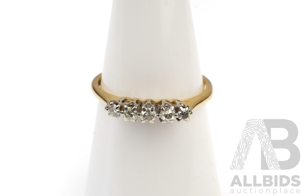 18ct Yellow and White Gold Ring with Five Old European Cut Diamonds, 2.1g