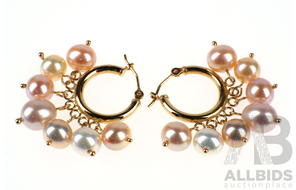 14ct Yellow Gold Hoop Earrings with Pink Freshwater Pearls, 6.8g
