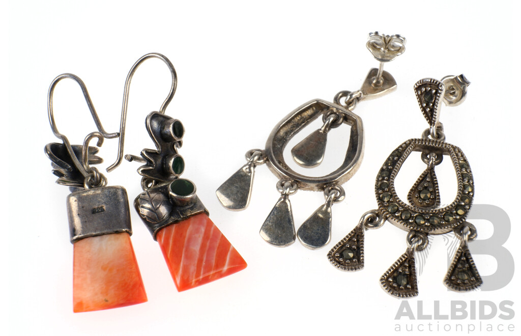 Pair of Sterling Silver and Orange Coral Earrings with Greenstone Cabochons, 6.7g and Pair of Sterling Silver and Marcasite Drop Earrings, 7.9g