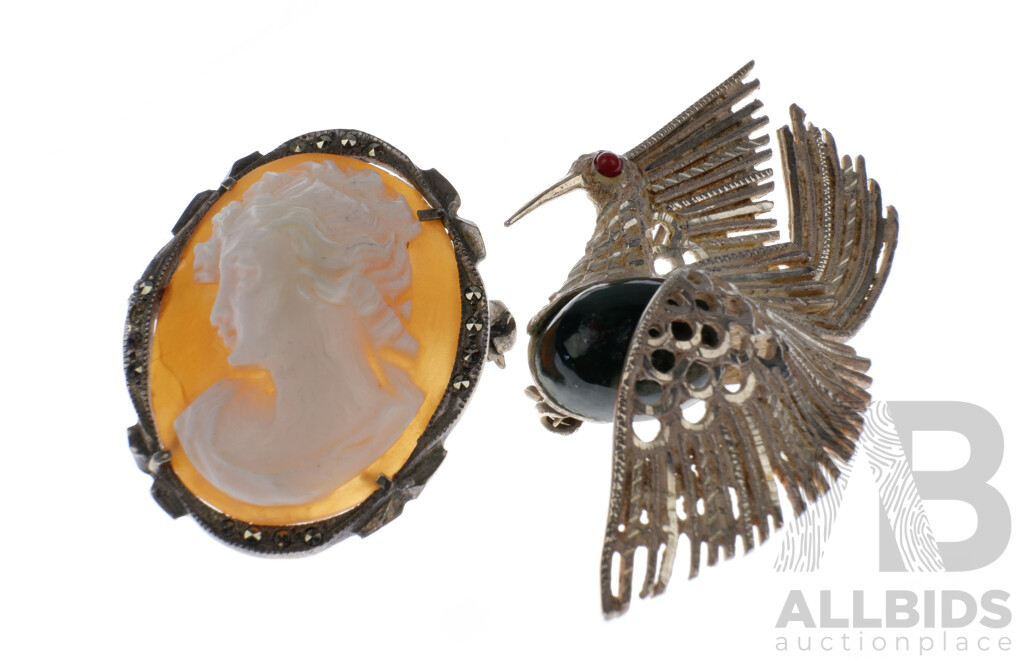 .800 Silver Shell Cameo and Marcasite Brooch and Sterling Silver Brooch with Bloodstone