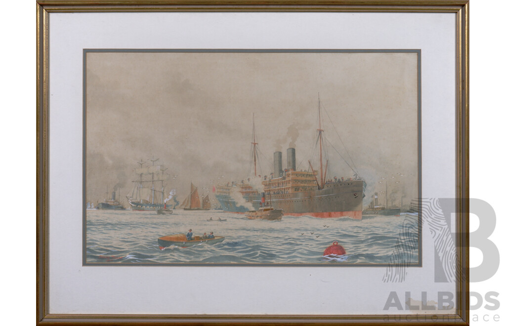 Deane Taylor (Early 20th Century), Steamship 1917, Pencil and Watercolour heightened with White, 34 x 55 cm