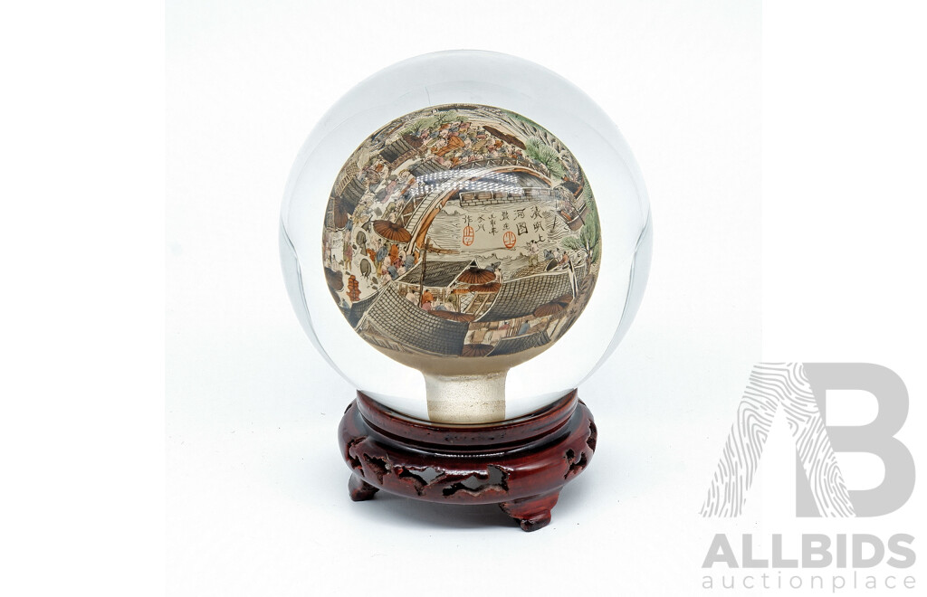 Chinese Glass Sphere Inside Painted with a Scene Along the River During the Qingming Festival in Kaifeng, Henan, Diameter 11cm