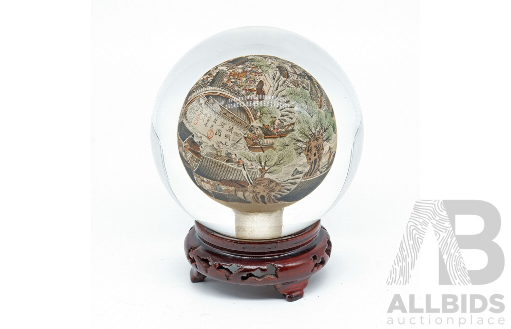 Chinese Glass Sphere Inside Painted with a Scene Along the River During the Qingming Festival in Kaifeng, Henan, Diameter 11cm