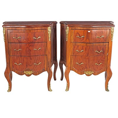 Pair of Louis Style Bombe Shape Walnut Veneer Side Cabinets with Ormolu Mounts and Handles, Mid to Late 20th Century