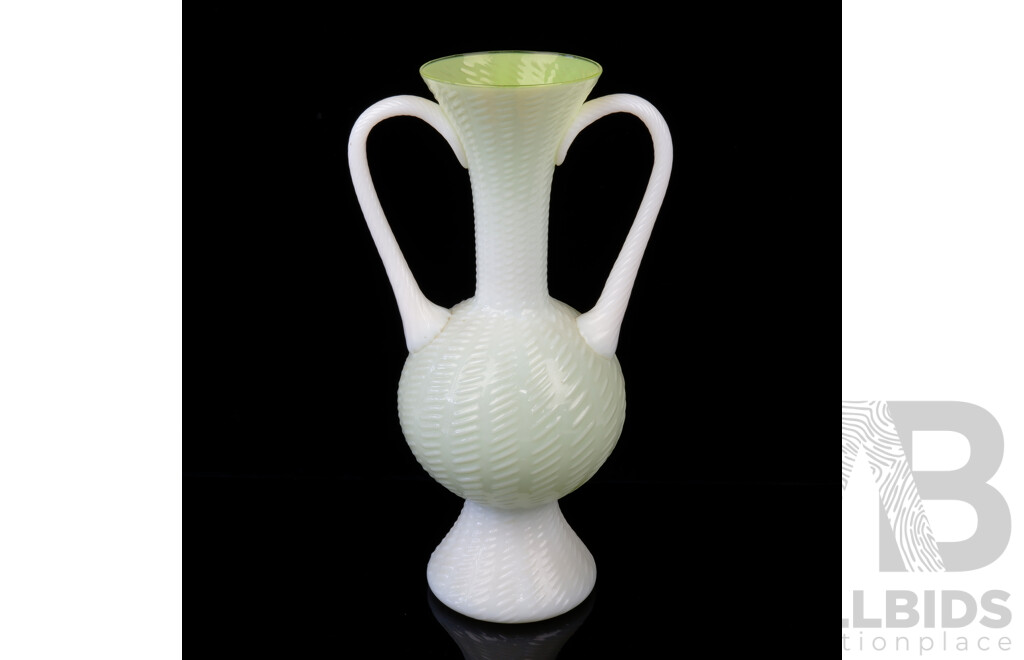 Vintage Continental Twin Handled Milk Glass Vase with Green Interior