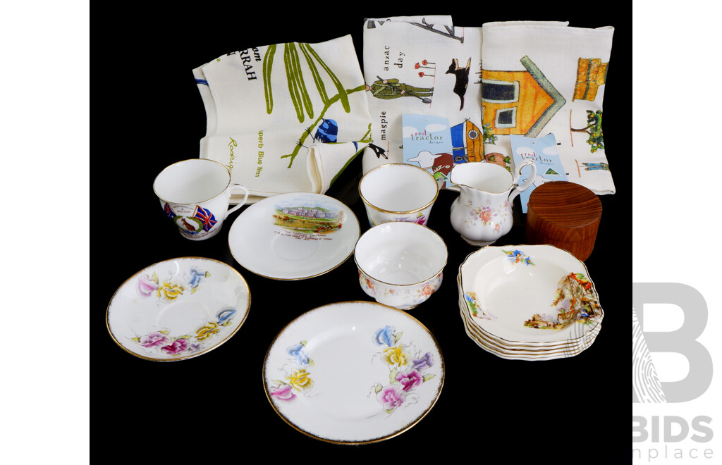 Collection Quality Vintage Porcelain and More Including Royal Albert, Aynsley Canberra Parlaiment OPening 1928 DuoVintage Teatowels and More